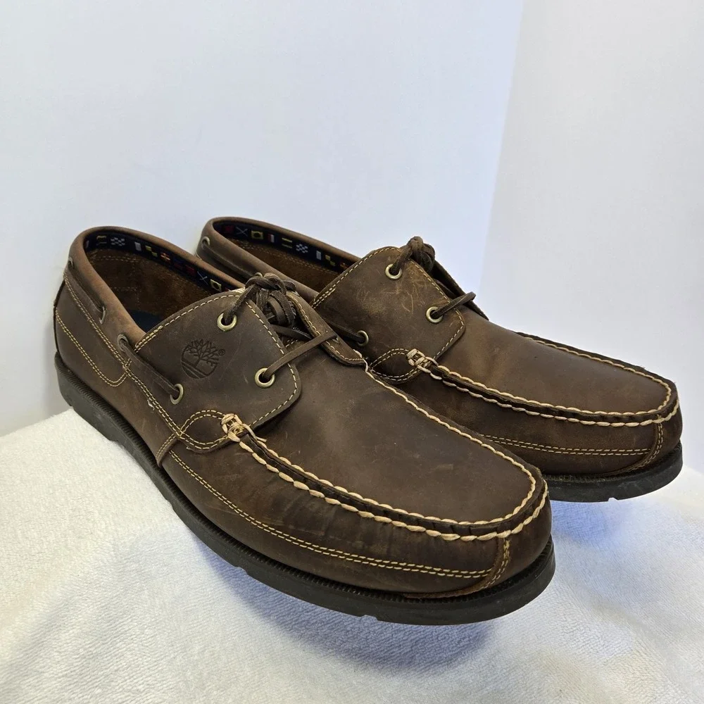 Timberland Classic 2 Eye Leather Boat Shoes Kia Wah Mens Size 15 Brown Loafers